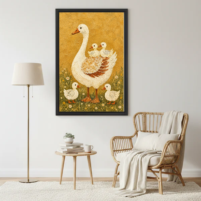 Mother Goose Canvas Wall Art framed beside a wicker armchair with floor lamp.