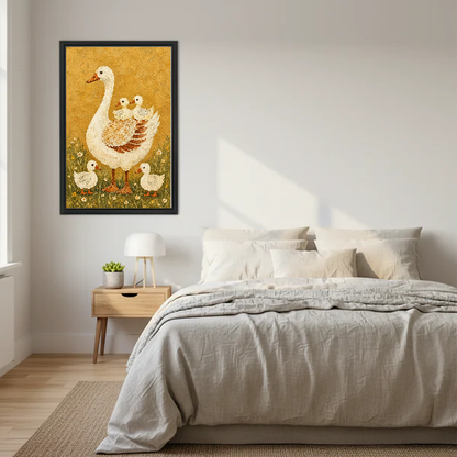 Mother Goose Canvas Wall Art framed above a cream bed with wooden nightstands.