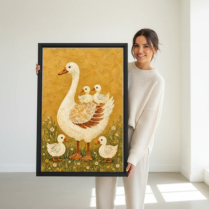 Mother Goose Canvas Wall Art held in a black frame by a standing woman in white.