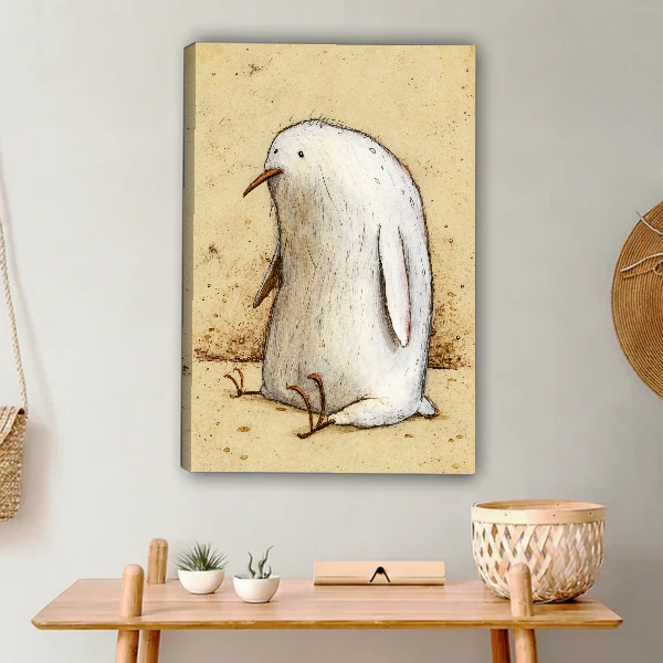 Plump Bird Canvas Wall Art unframed above a light wood console and woven basket.