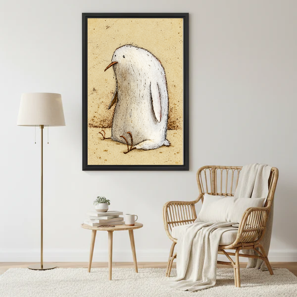 Plump Bird Canvas Wall Art framed beside a wicker armchair with floor lamp.