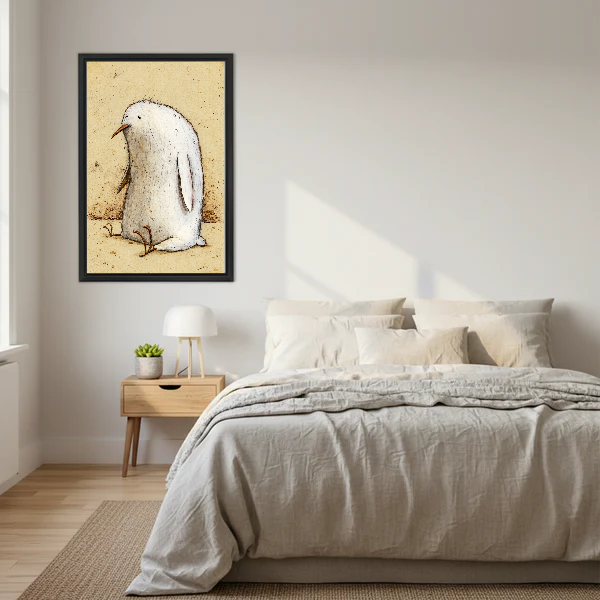 Plump Bird Canvas Wall Art framed above a cream bed with wooden nightstands.
