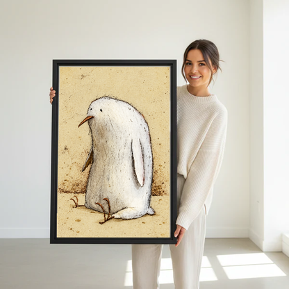 Plump Bird Canvas Wall Art held in a black frame by a standing woman in white.