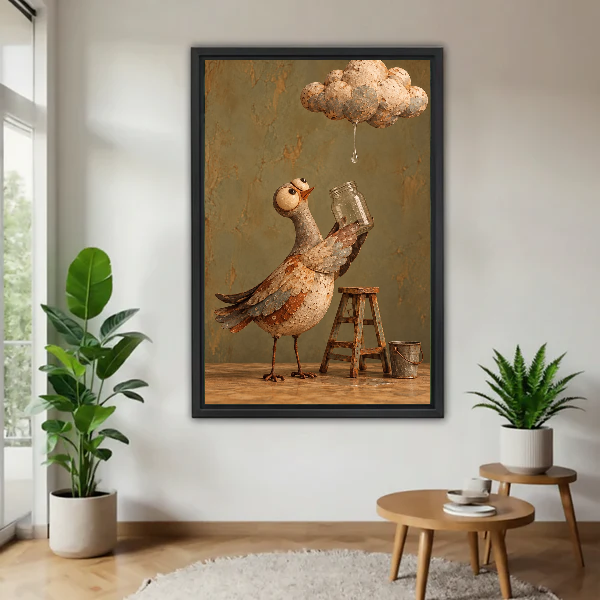 Cloud Collector Bird Canvas Wall Art framed above a wood table with green plants.