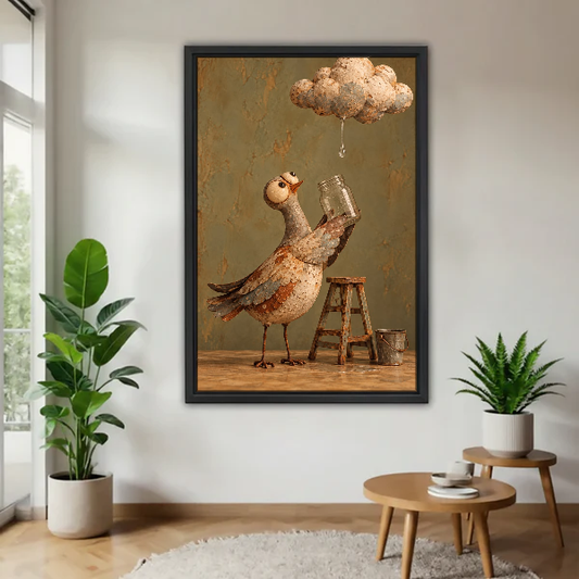 Cloud Collector Bird Canvas Wall Art framed above a wood table with green plants.