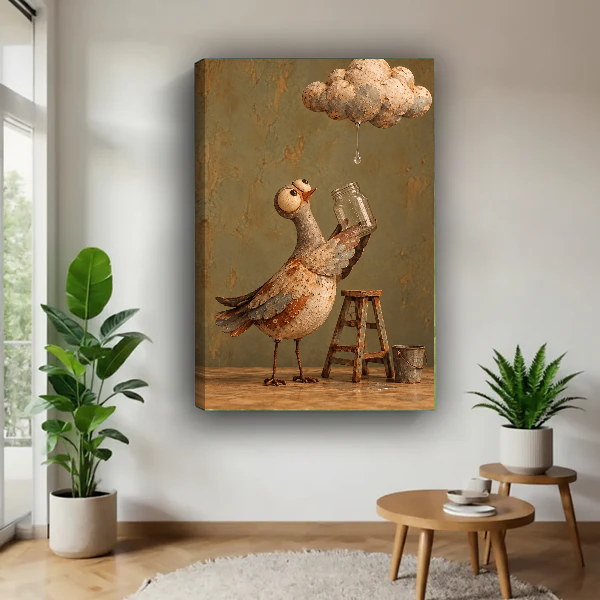 Cloud Collector Bird Canvas Wall Art unframed above a wood table with green plants.