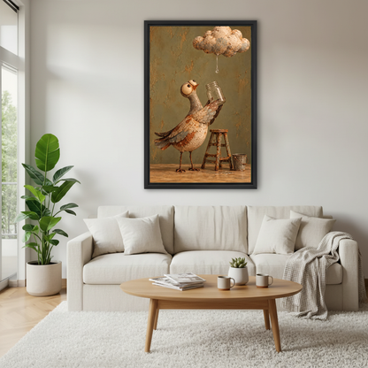 Cloud Collector Bird Canvas Wall Art framed above a white sofa and round coffee table.