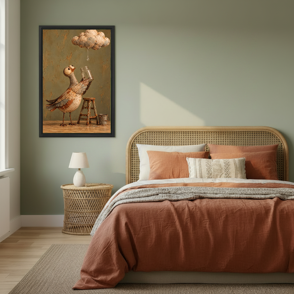 Cloud Collector Bird Canvas Wall Art framed above copper bedding against a muted olive wall.