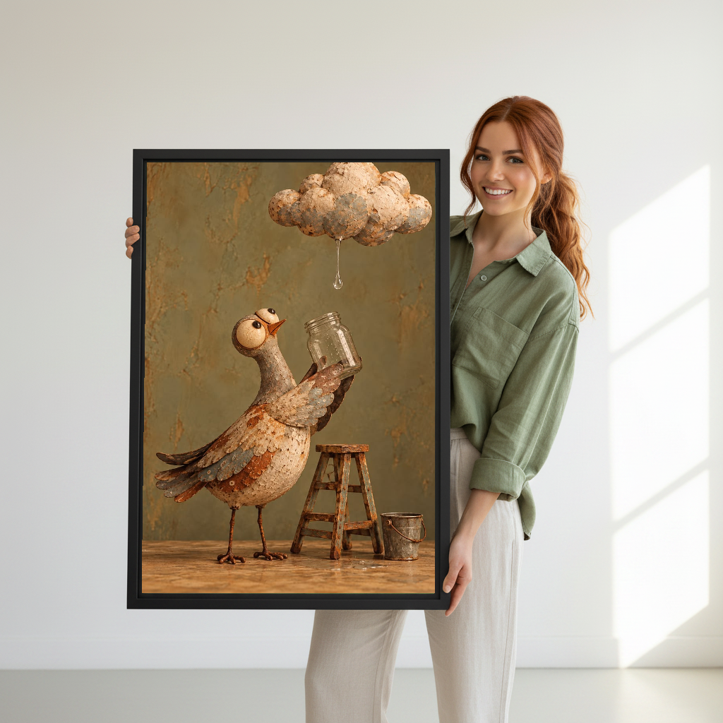 Cloud Collector Bird Canvas Wall Art held in a black frame by a woman wearing green.