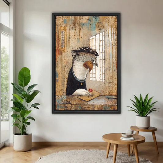 Letter Bird Canvas Wall Art framed above a wood table with green plants.