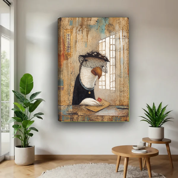 Letter Bird Canvas Wall Art unframed above a wood table with green plants.