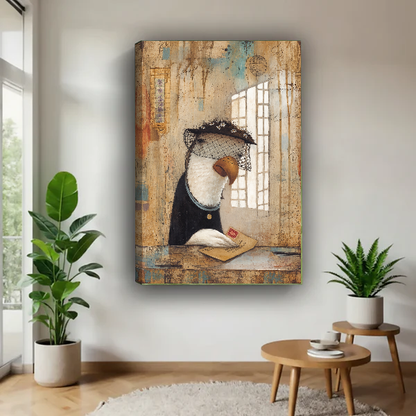Letter Bird Canvas Wall Art unframed above a wood table with green plants.