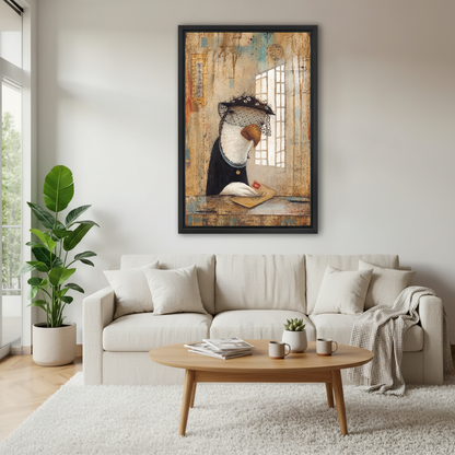 Letter Bird Canvas Wall Art framed above a white sofa and round coffee table.