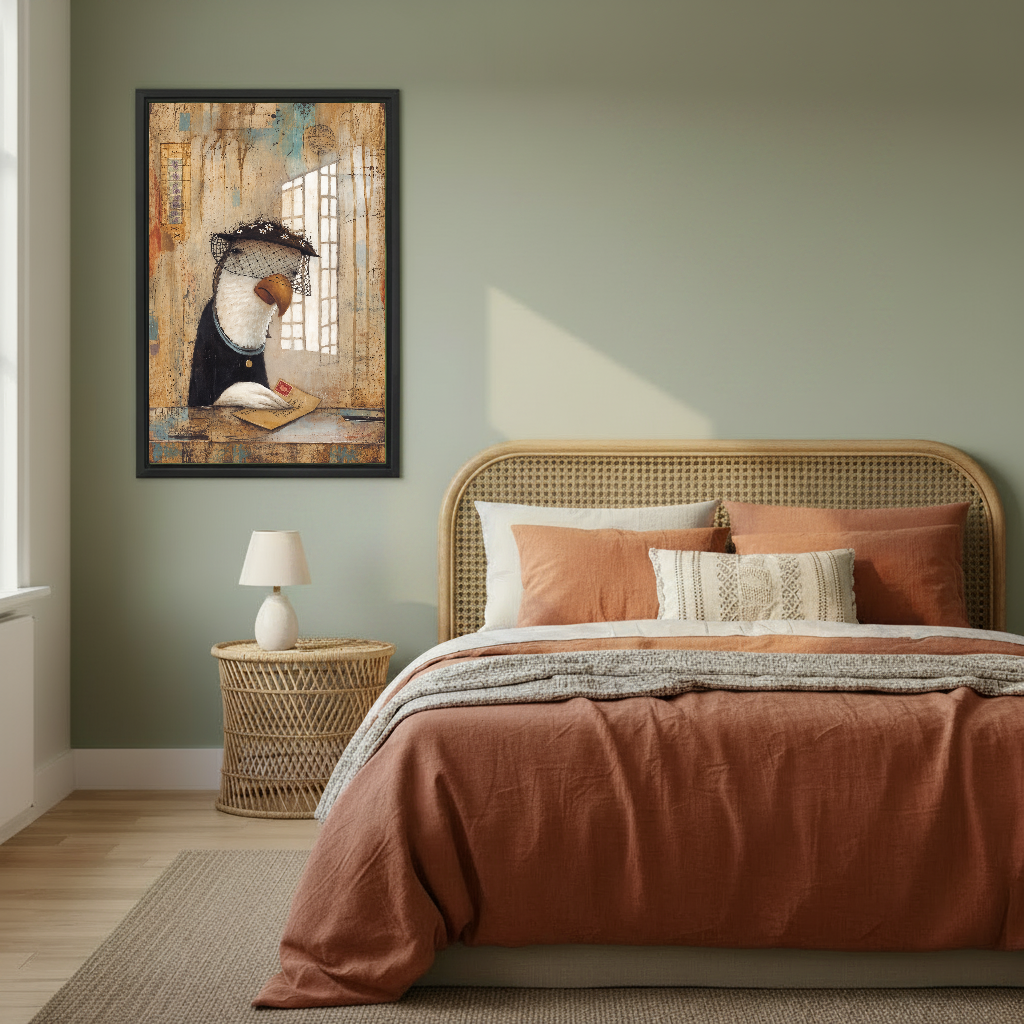 Letter Bird Canvas Wall Art framed above copper bedding against a muted olive wall.