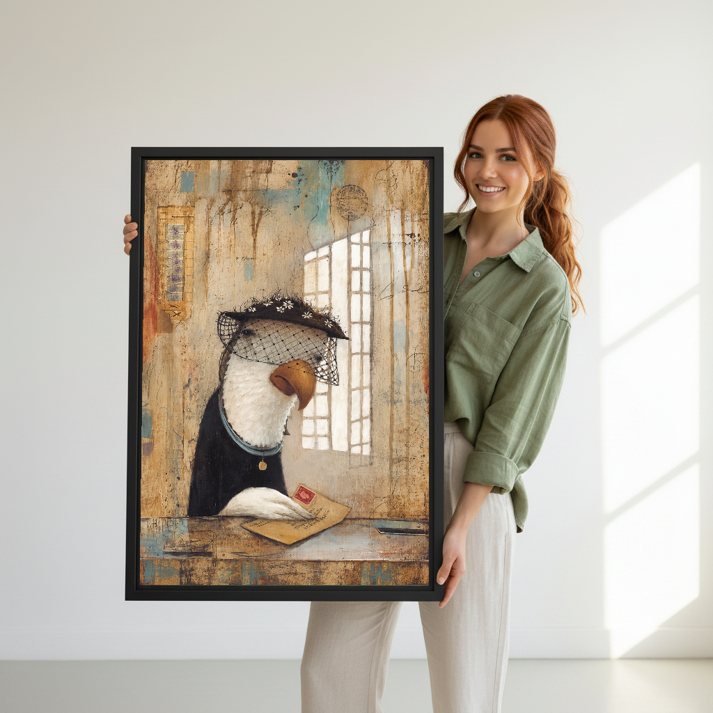 Letter Bird Canvas Wall Art held in a black frame by a woman wearing green.