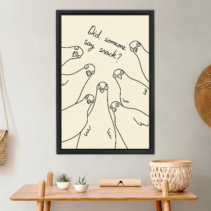 Snack Pigeons Canvas Wall Art framed above a light wood console with cacti.