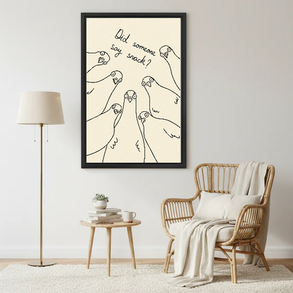Snack Pigeons Canvas Wall Art framed beside a wicker armchair with floor lamp.