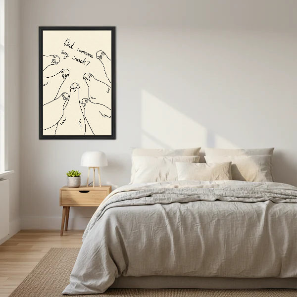Snack Pigeons Canvas Wall Art framed above a cream bed with wooden nightstands.