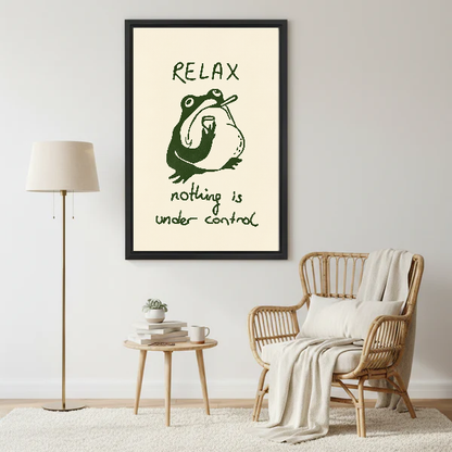 Relax Frog Canvas Wall Art framed beside a wicker armchair with floor lamp.