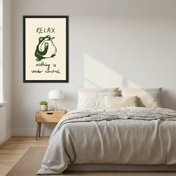 Relax Frog Canvas Wall Art framed above a cream bed with wooden nightstands.