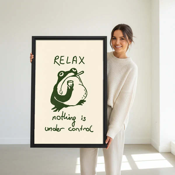 Relax Frog Canvas Wall Art held in a black frame by a standing woman in white.
