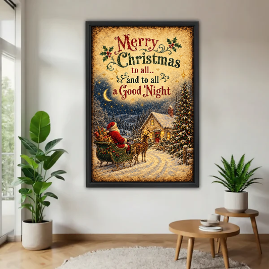 Christmas Greetings Canvas Wall Art framed above a wood table with green plants.