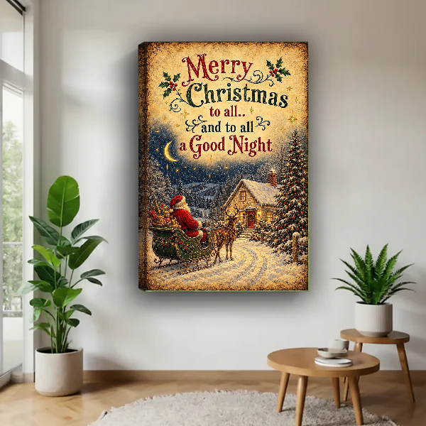 Christmas Greetings Canvas Wall Art unframed above a wood table with green plants.