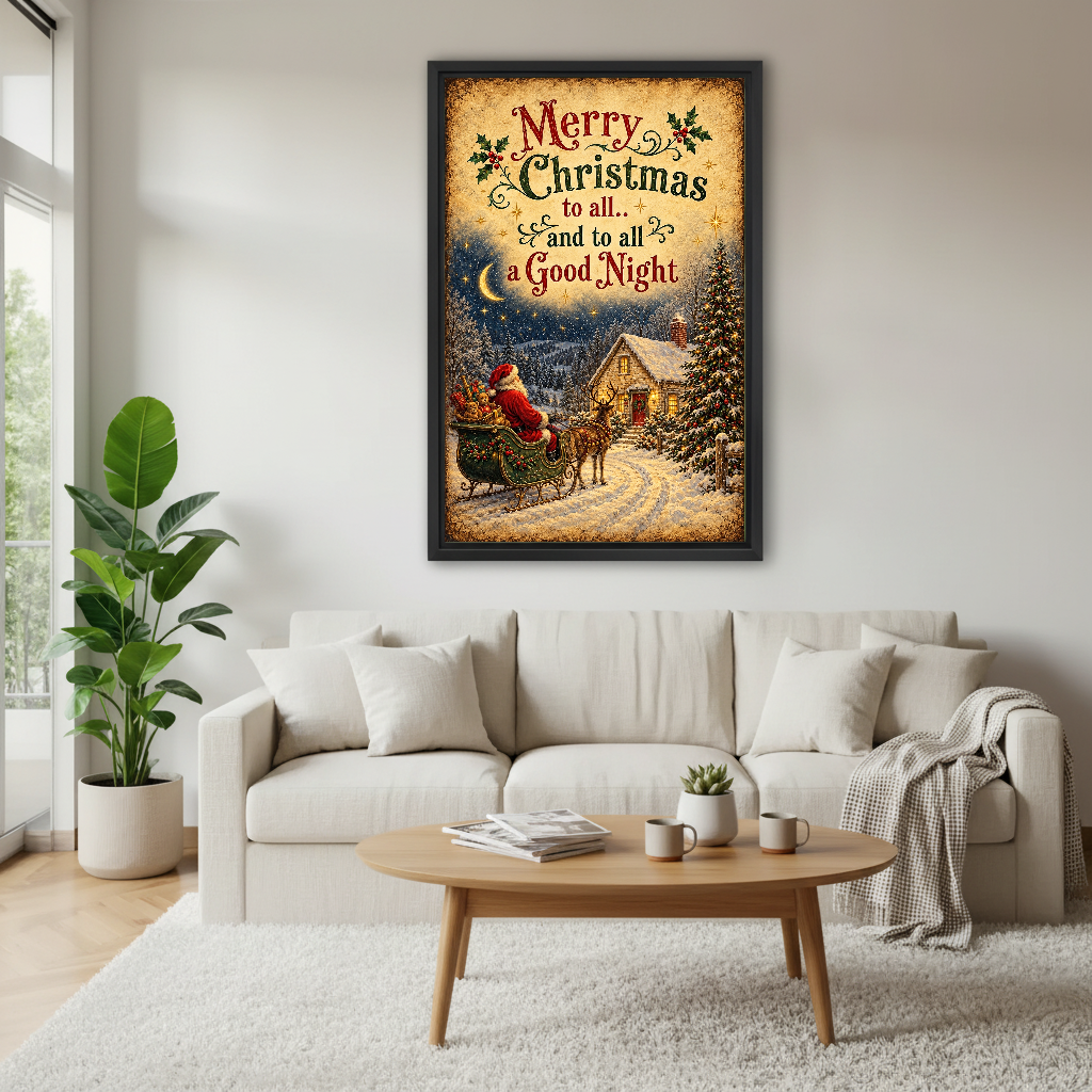 Christmas Greetings Canvas Wall Art framed above a white sofa and round coffee table.