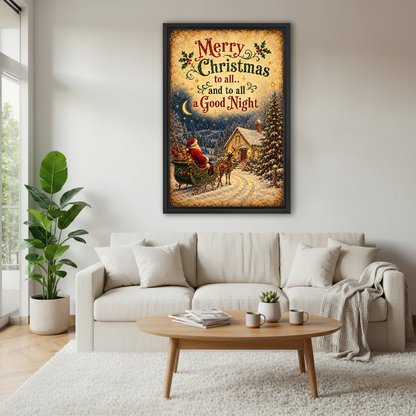 Christmas Greetings Canvas Wall Art framed above a white sofa and round coffee table.