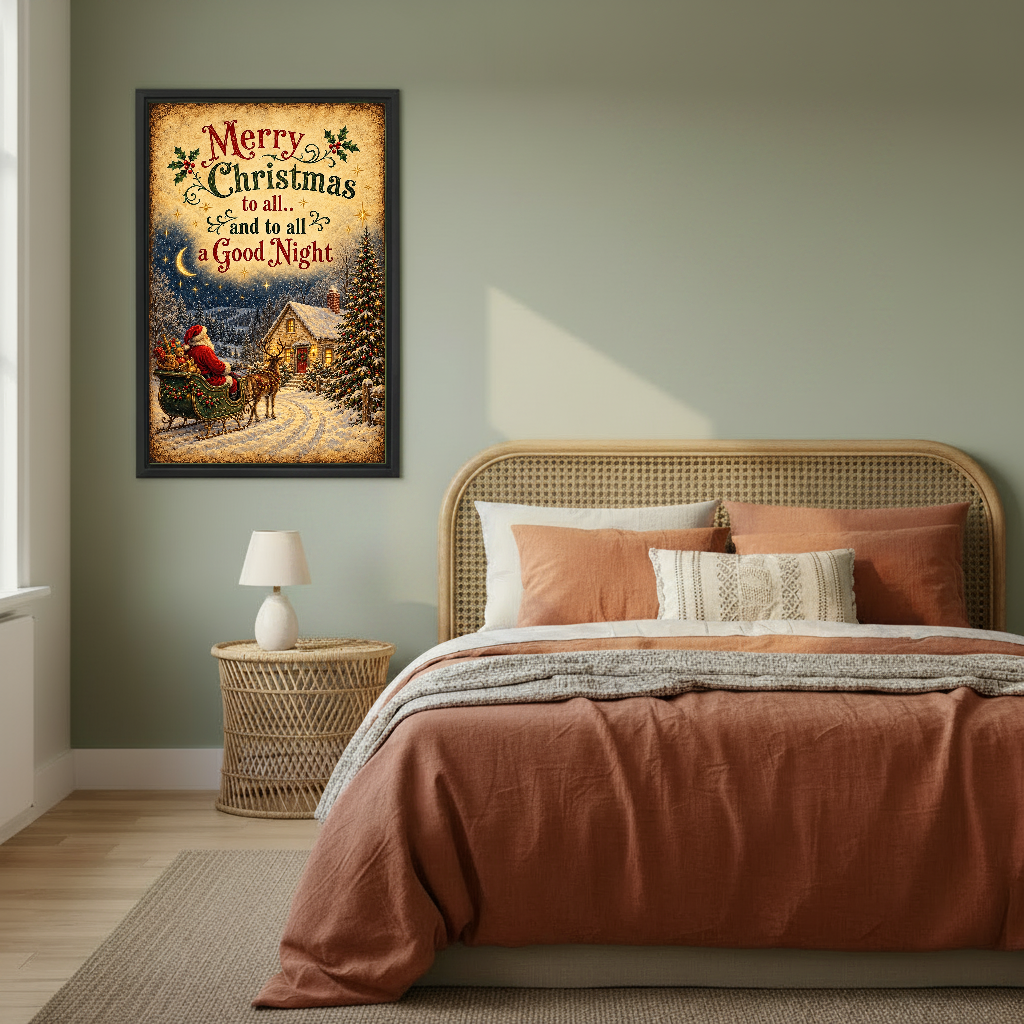 Christmas Greetings Canvas Wall Art framed above copper bedding against a muted olive wall.