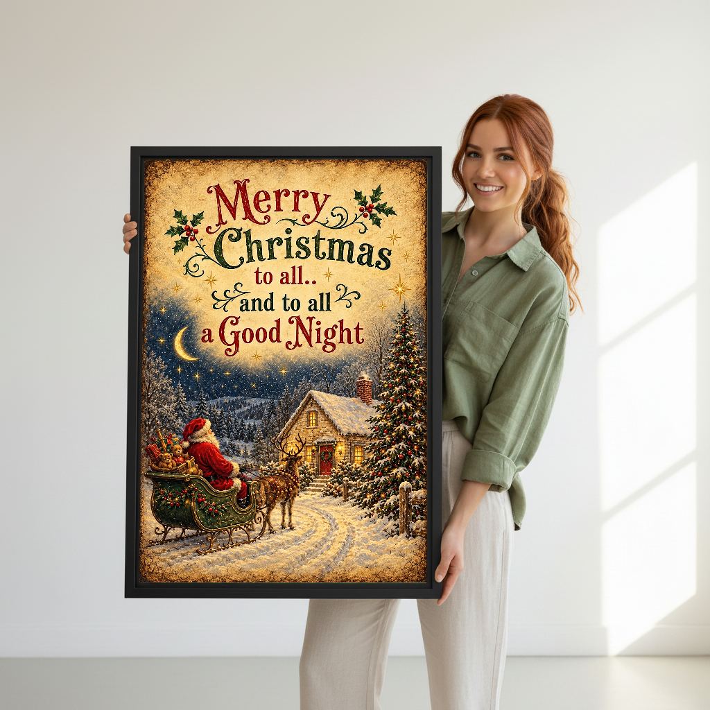 Christmas Greetings Canvas Wall Art held in a black frame by a woman wearing green.
