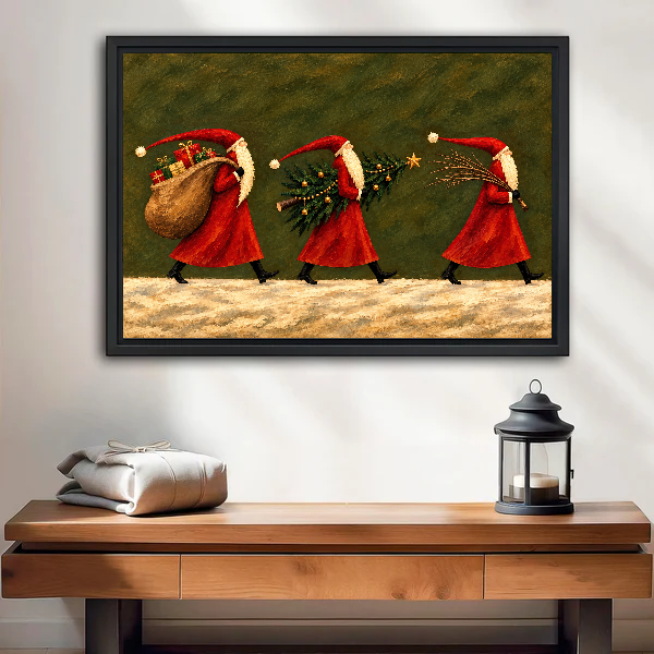 Santa Parade Canvas Wall Art framed above a wood console with linen and a lantern.