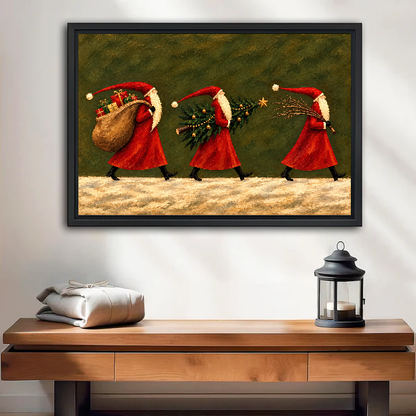 Santa Parade Canvas Wall Art framed above a wood console with linen and a lantern.