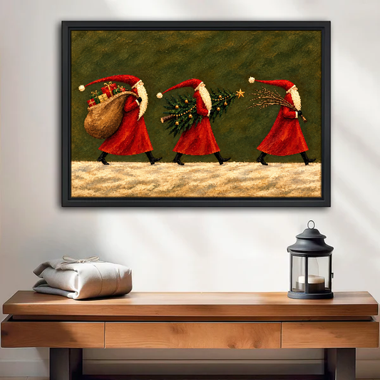 Santa Parade Canvas Wall Art framed above a wood console with linen and a lantern.