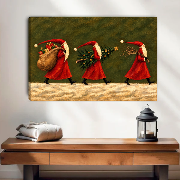 Santa Parade Canvas Wall Art unframed above a wood console with linen and a lantern.