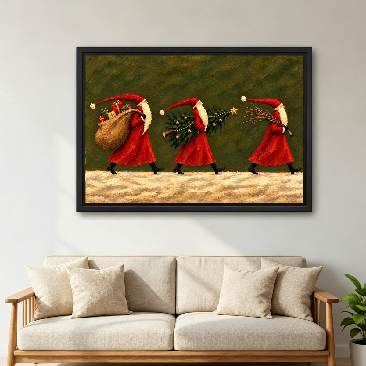 Santa Parade Canvas Wall Art framed above a cream sofa with wooden arms.
