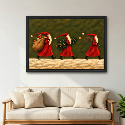 Santa Parade Canvas Wall Art framed above a cream sofa with wooden arms.