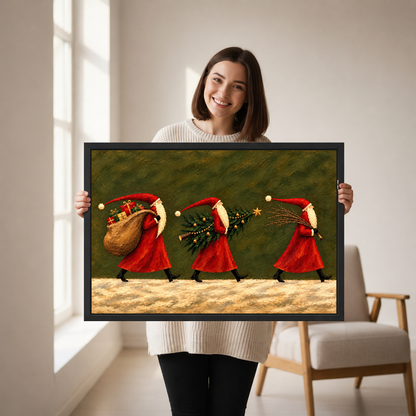Santa Parade Canvas Wall Art held in a black landscape frame by a standing woman.