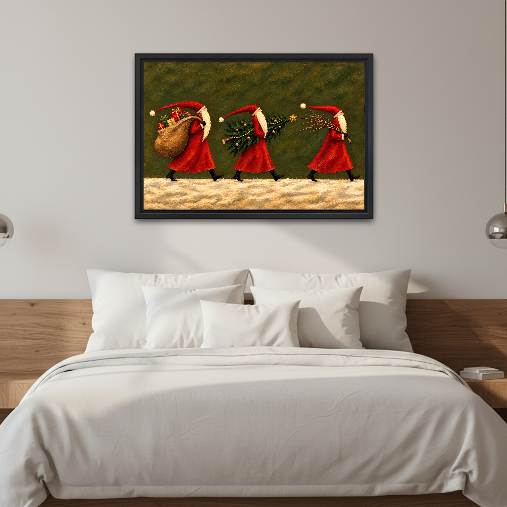 Santa Parade Canvas Wall Art framed above white bedding and a warm wood headboard.