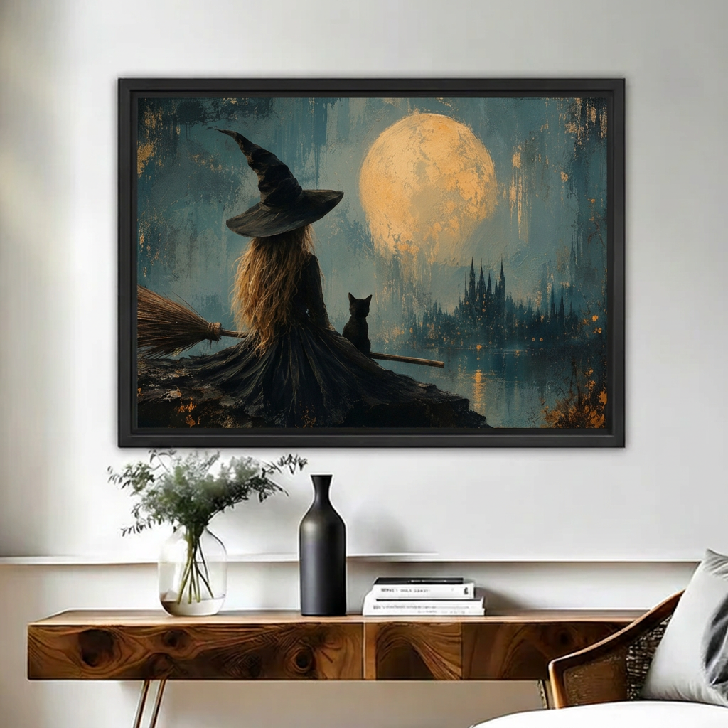 Moonlit Witch Canvas Wall Art framed above a wooden console with black and white vases.