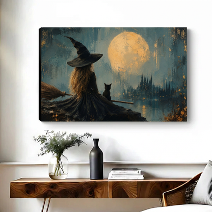 Moonlit Witch Canvas Wall Art unframed above a wooden console with simple vases.