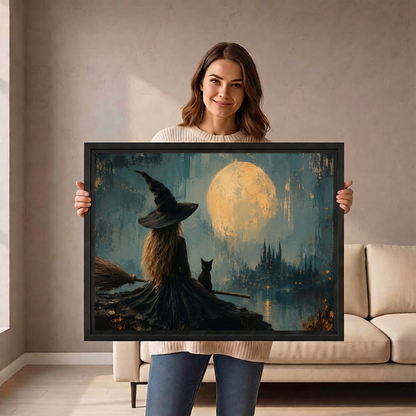 Moonlit Witch Canvas Wall Art held by a standing woman in a neutral room.