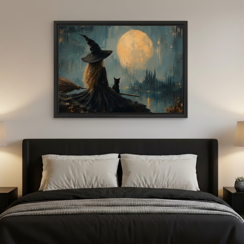 Moonlit Witch Canvas Wall Art framed above a charcoal bed with neutral pillows.