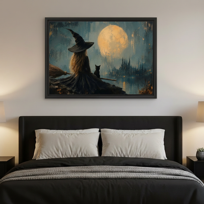 Moonlit Witch Canvas Wall Art framed above a charcoal bed with neutral pillows.