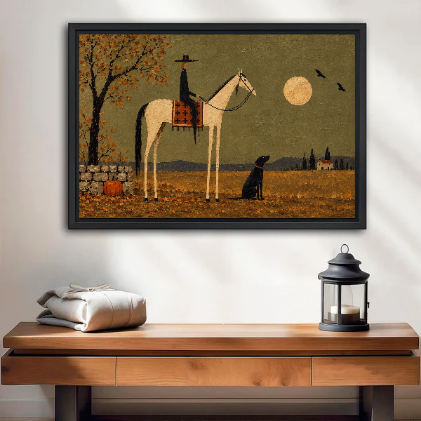 Moonlight Witch Canvas Wall Art framed above a wood console with linen and a lantern.