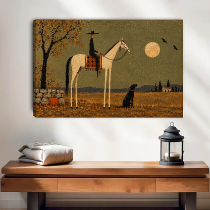 Moonlight Witch Canvas Wall Art unframed above a wood console with linen and a lantern.