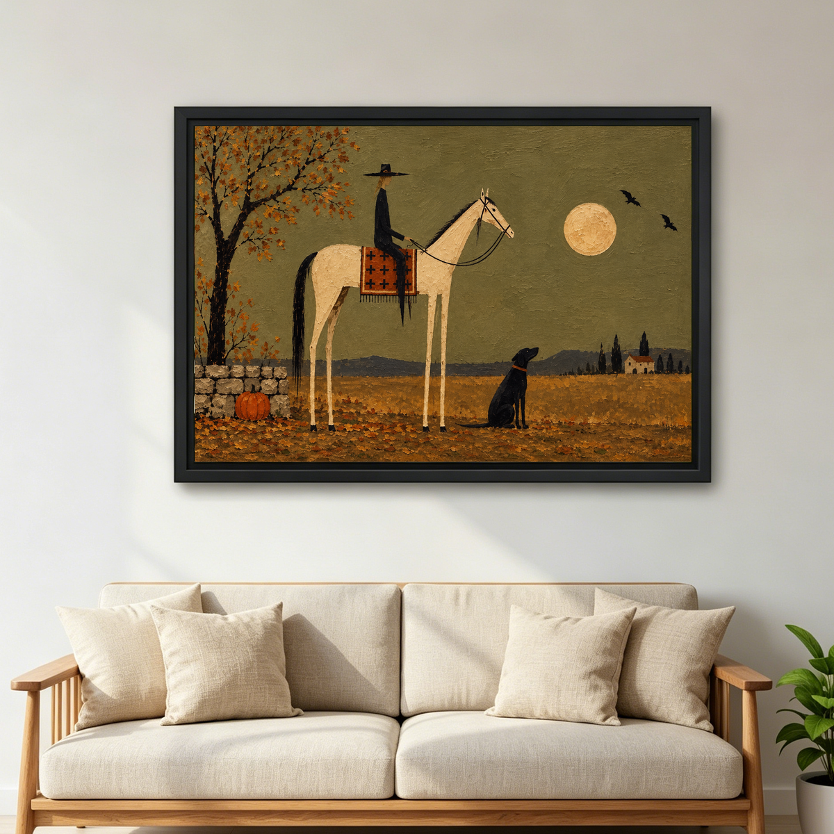 Moonlight Witch Canvas Wall Art framed above a cream sofa with wooden arms.