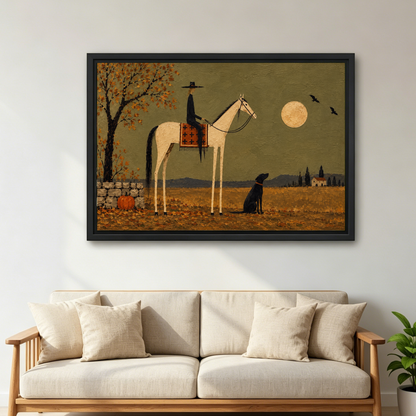 Moonlight Witch Canvas Wall Art framed above a cream sofa with wooden arms.