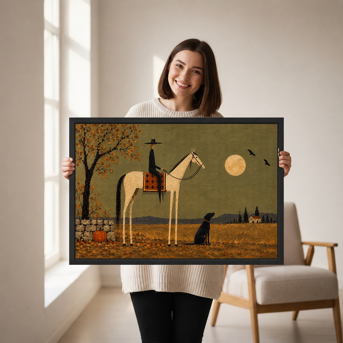 Moonlight Witch Canvas Wall Art held in a black landscape frame by a standing woman.