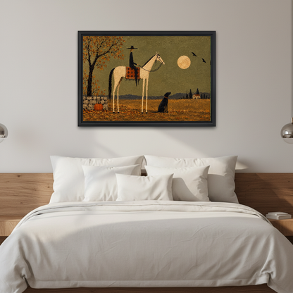 Moonlight Witch Canvas Wall Art framed above white bedding and a warm wood headboard.